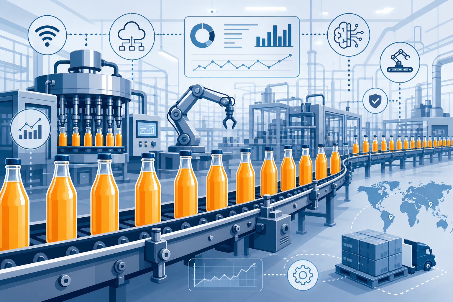 ai generierte collage aus typischen elementen der nahrungs- und genussmittelindustrie mit einem layer aus digitalen icons