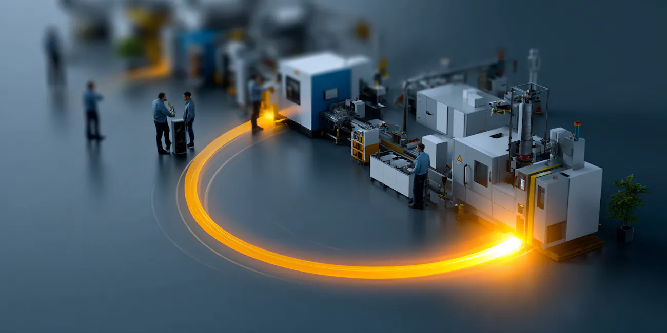 Futuristic factory with machines and people that work closely to together